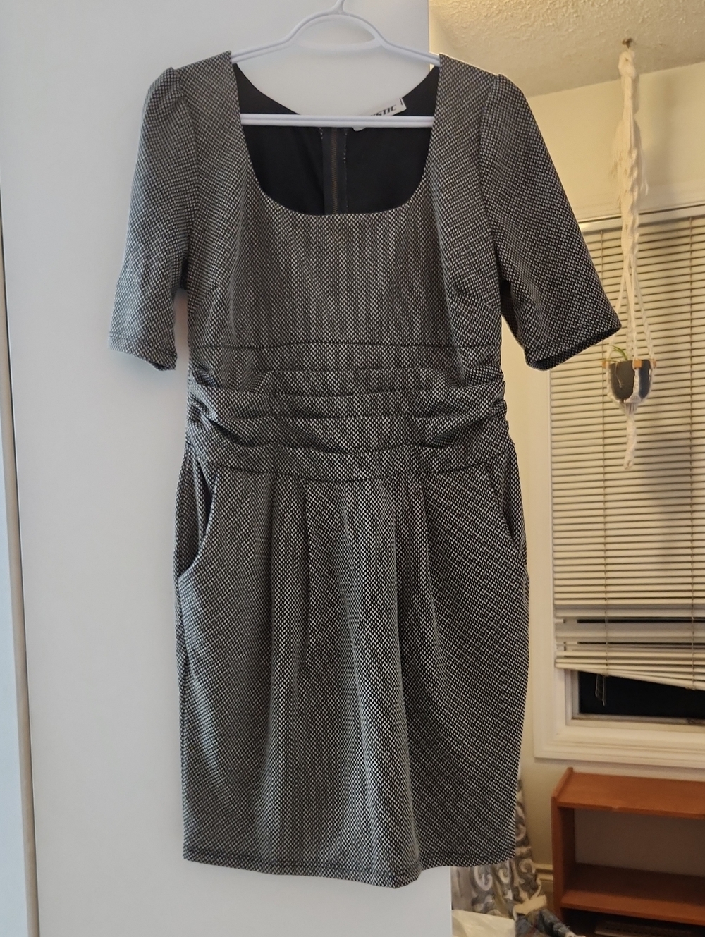 Mystic Black & White Textured Square-Neck Midi Dress